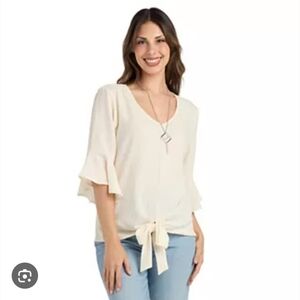 Kaari Blue Curvy Cream V-Neck Blouse with Tie-Front